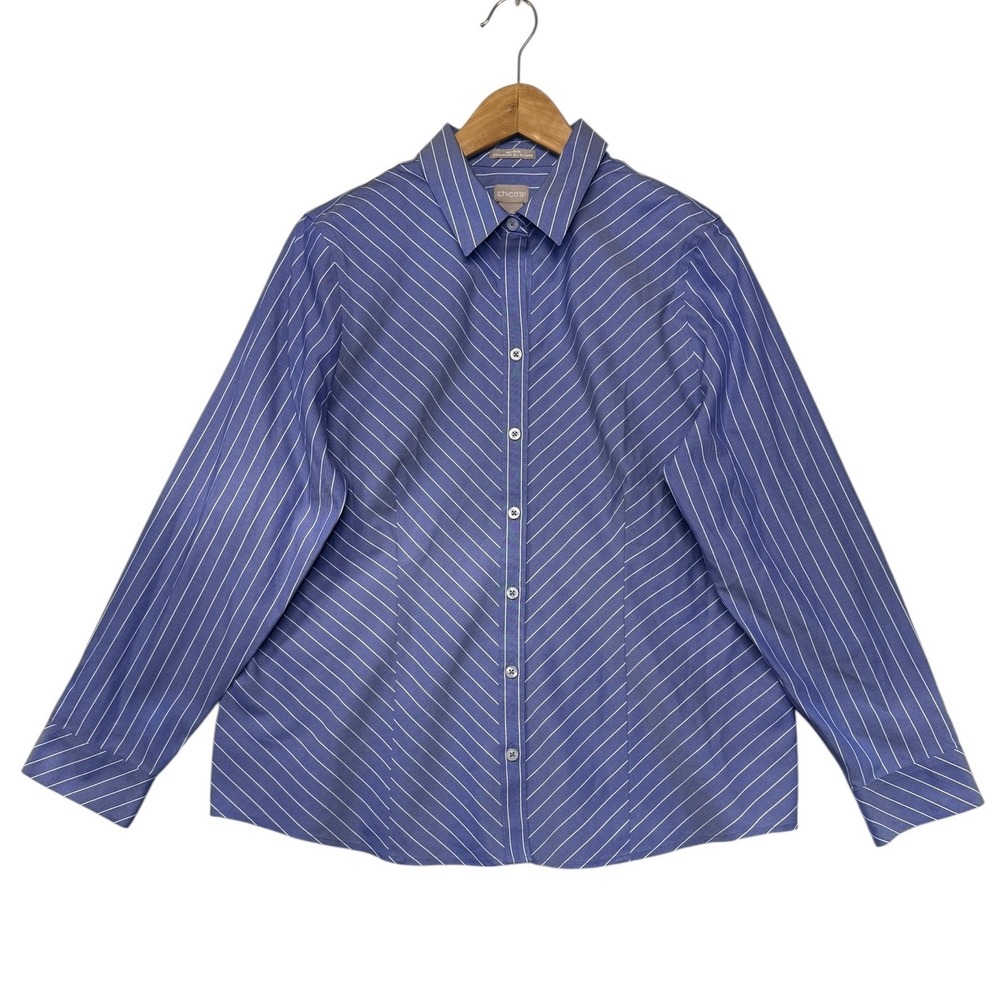 Chicos No Iron All Seasons Classic Shirt Royal Blue Stripe Size‎ 2 (L/12-14) New